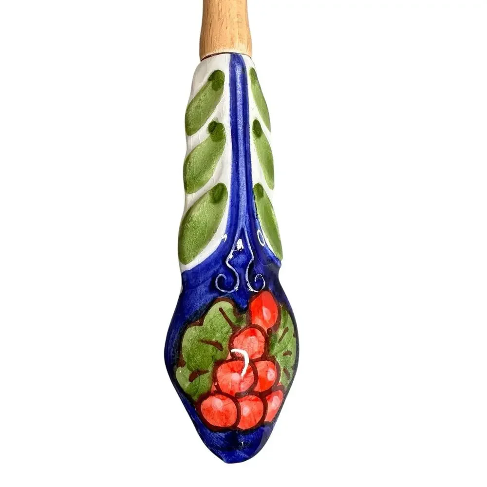 Hand Painted Ceramic Handled Wooden Fork Vintage Retro Ornate ￼